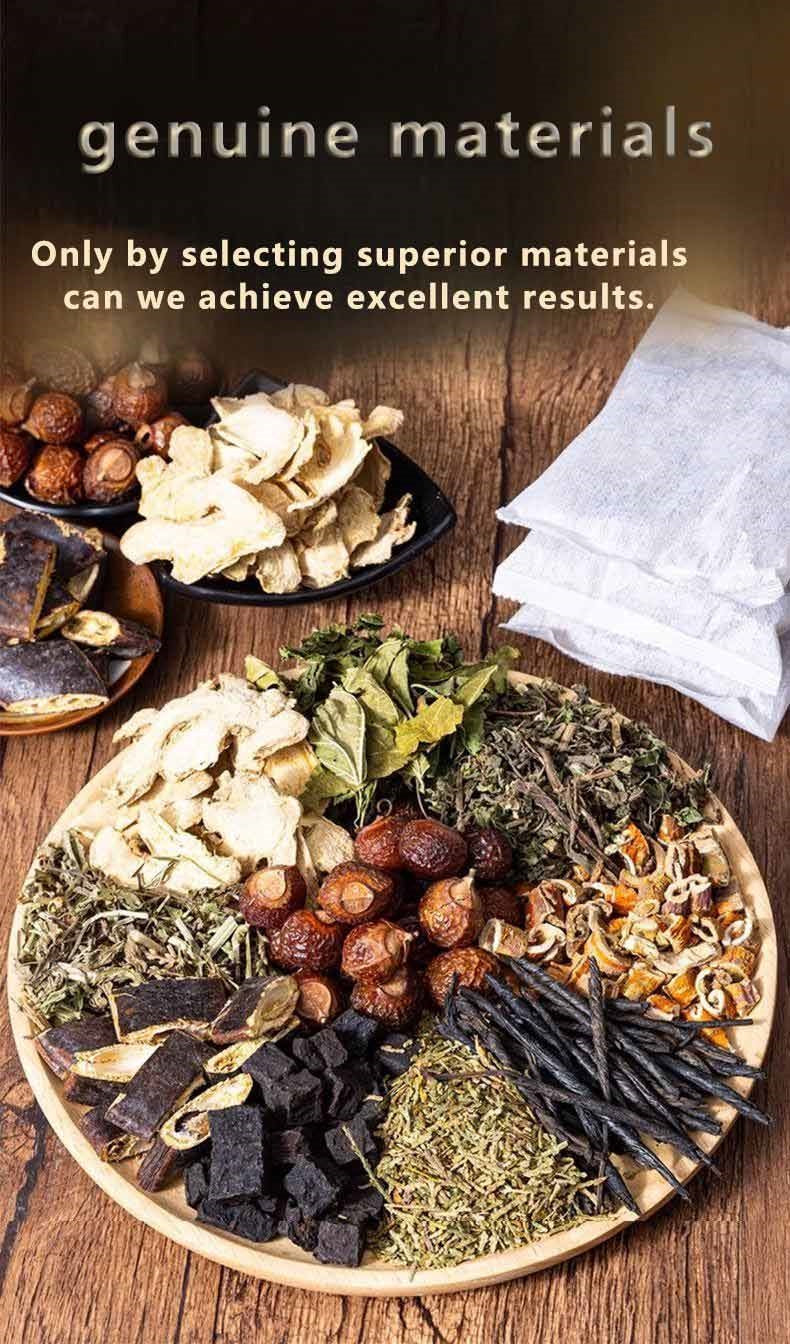 A picture showing various genuine herbal materials for shampoo packs on a wooden table, with the words "genuine materials" and "Only by selecting superior materials can we achieve excellent results." written above.