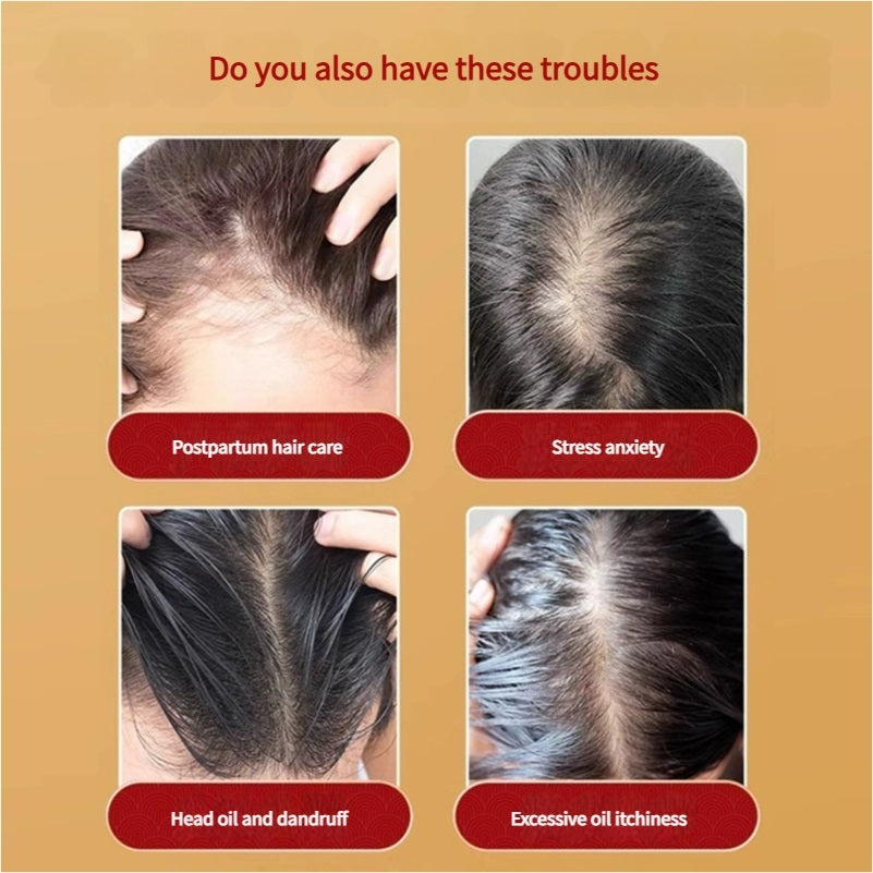 A picture showing different hair problems like postpartum hair loss, hair issues from stress, head oil with dandruff and excessive oil itchiness.