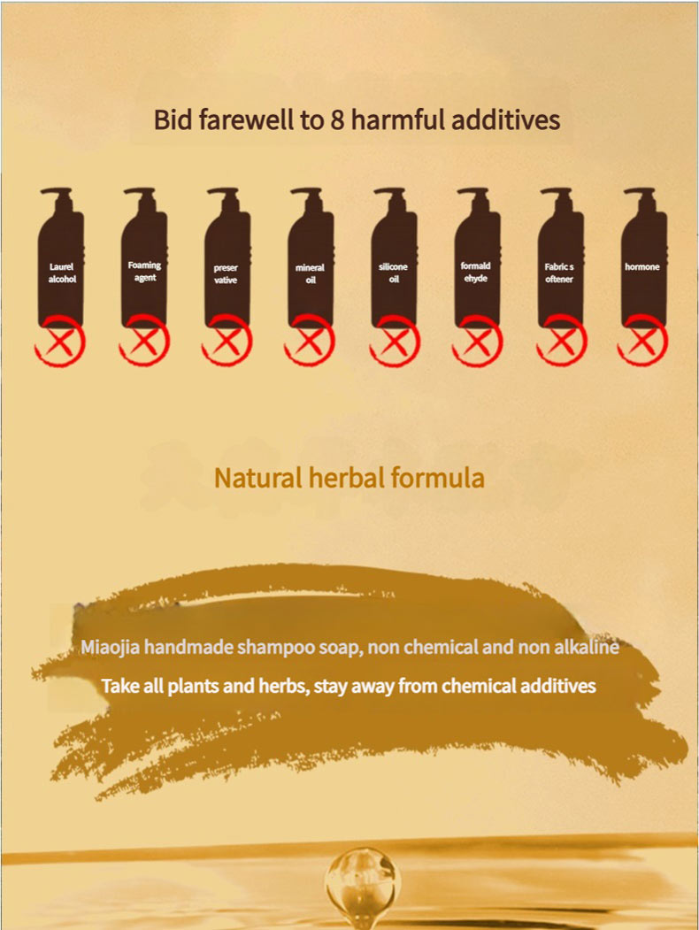An image introducing Miaojia handmade shampoo soap, showing eight harmful additives to avoid, like laurel alcohol and silicone oil, and highlighting its natural herbal formula, being non - chemical and non - alkaline.