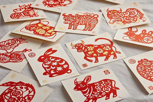A collection of red Chinese zodiac paper - cuttings including rat, ox, rabbit and other animals on light - colored backgrounds.