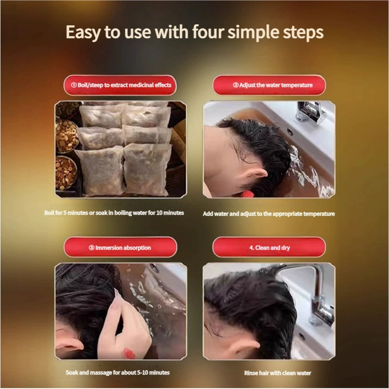 A picture showing four easy steps to use Chinese medicine shampoo packs: boil/steep to extract, adjust water temperature, immerse and absorb, and clean and dry.