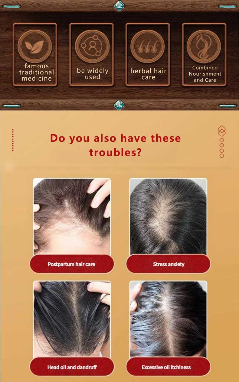 A picture showing common hair problems like postpartum hair issues, stress - related hair problems, head oil with dandruff and excessive oil itchiness. Also shows benefits of herbal hair care such as using famous traditional medicine and combined nourishment.