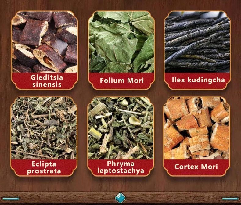 A picture showing six kinds of Chinese herbal medicines used for hair - care, including Gleditsia sinensis, Folium Mori, Ilex kudingcha, Eclipta prostrata, Phryma leptostachya and Cortex Mori.