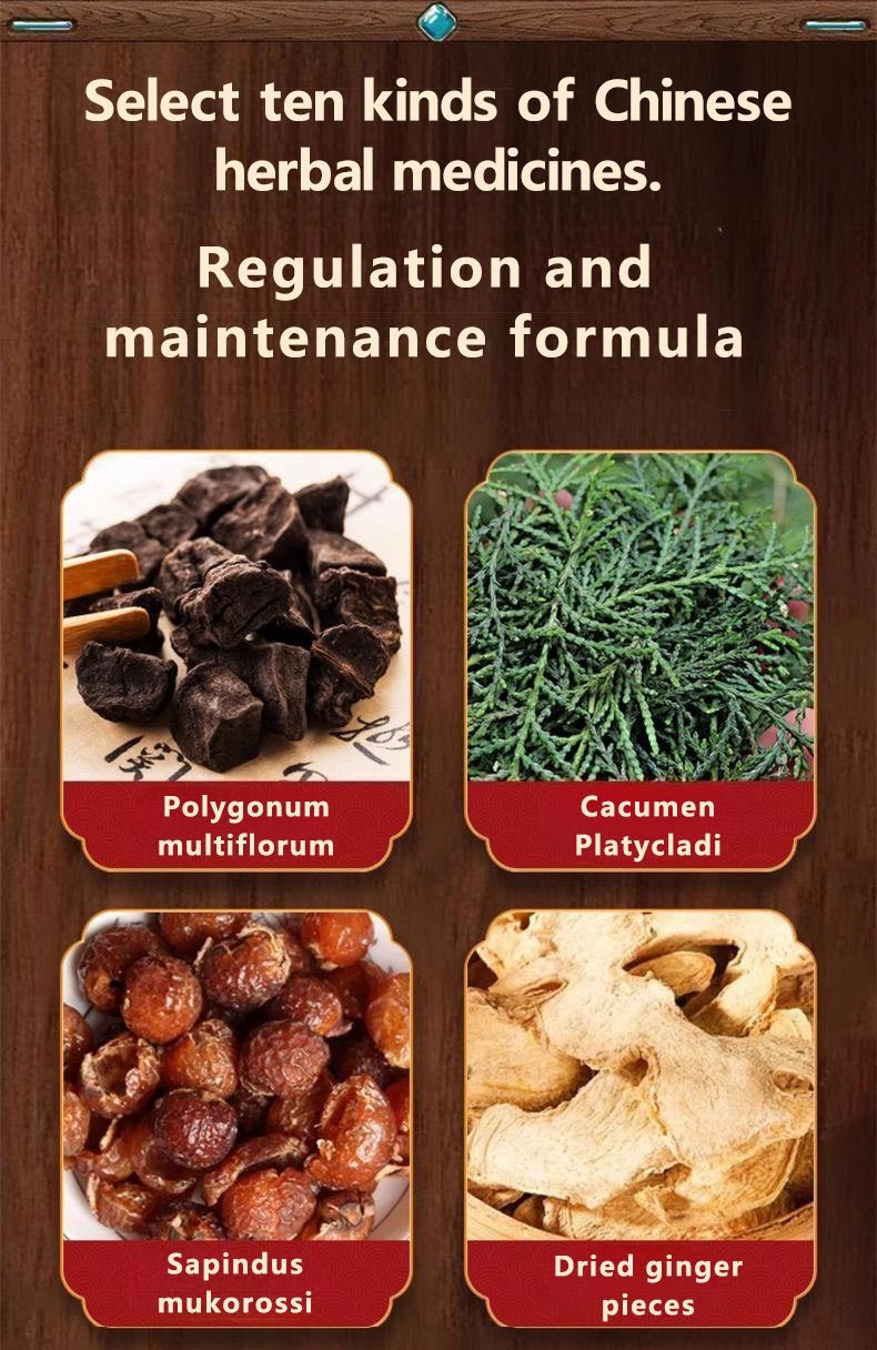 A picture showing ten selected Chinese herbal medicines for hair - care regulation and maintenance formula, including Polygonum multiflorum, Cacumen Platycladi, Sapindus mukorossi and dried ginger pieces.