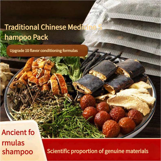A pic of traditional Chinese medicine shampoo packs and herbal ingredients.