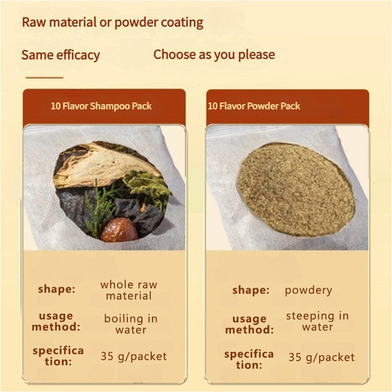 A picture showing two types of Chinese medicine hair - washing products: 10 - flavor shampoo pack with whole raw materials and 10 - flavor powder pack. Their shapes, usage methods and specifications are listed.
