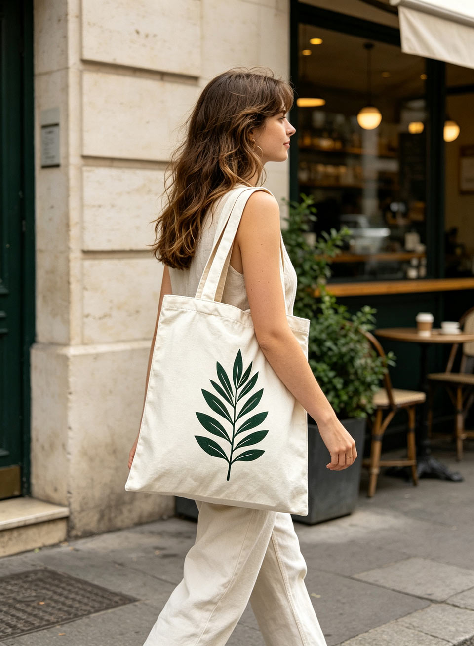 Woman carrying a ToteCraft print-on-demand canvas tote on a city street