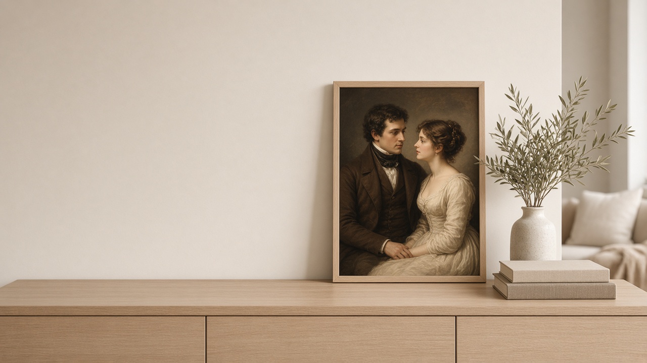 Framed couple portrait in a calm home setting
