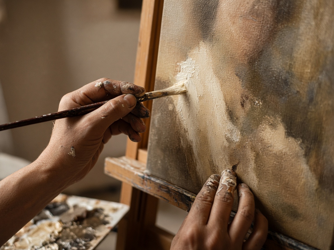 Artist painting a commissioned portrait on canvas
