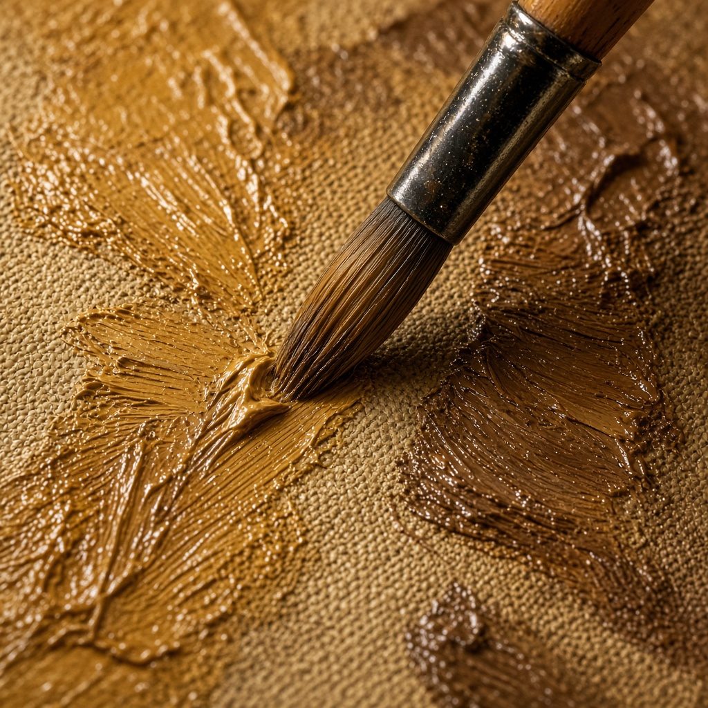 Brush applying oil paint to canvas