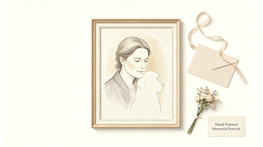 Soft‑toned hand‑painted memorial portrait as sympathy gift for bereaved family
