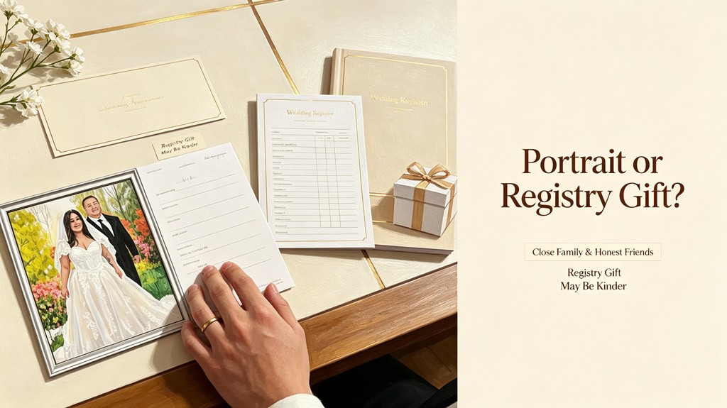 choosing between a custom couple portrait gift and a wedding registry option