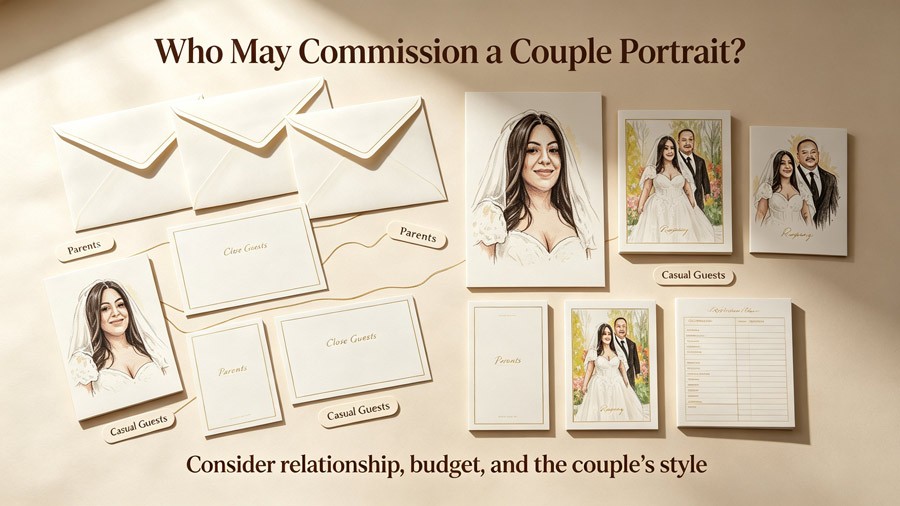 wedding gift etiquette for parents, close guests, and casual guests considering a couple portrait or registry gift