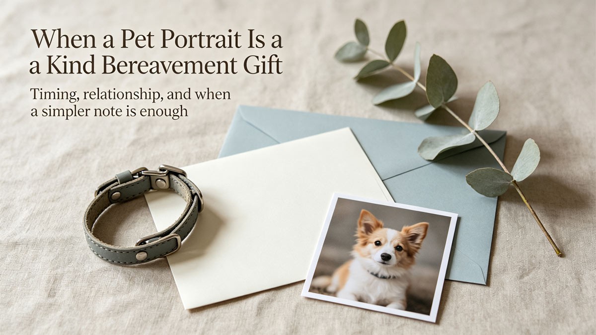 Pet loss gift decision guide: when a pet portrait is appropriate and when a handwritten sympathy note is better.