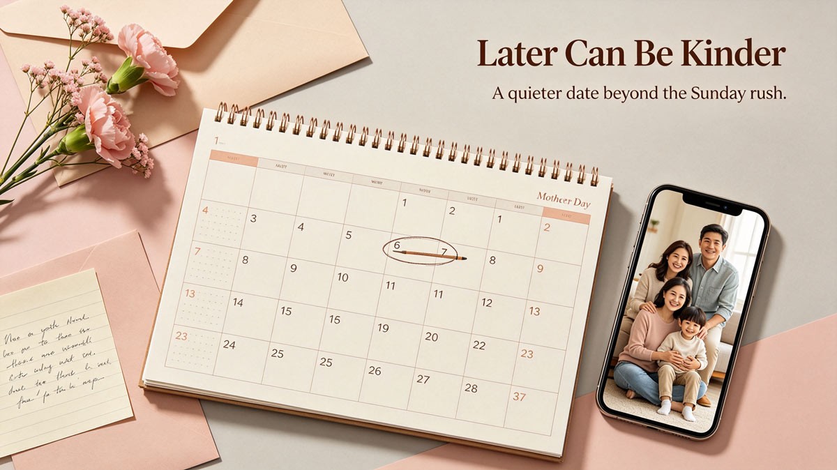 Mother's Day gift timing: calendar highlighting the holiday and a later quieter date, with flowers, envelope, note, and personal photo.