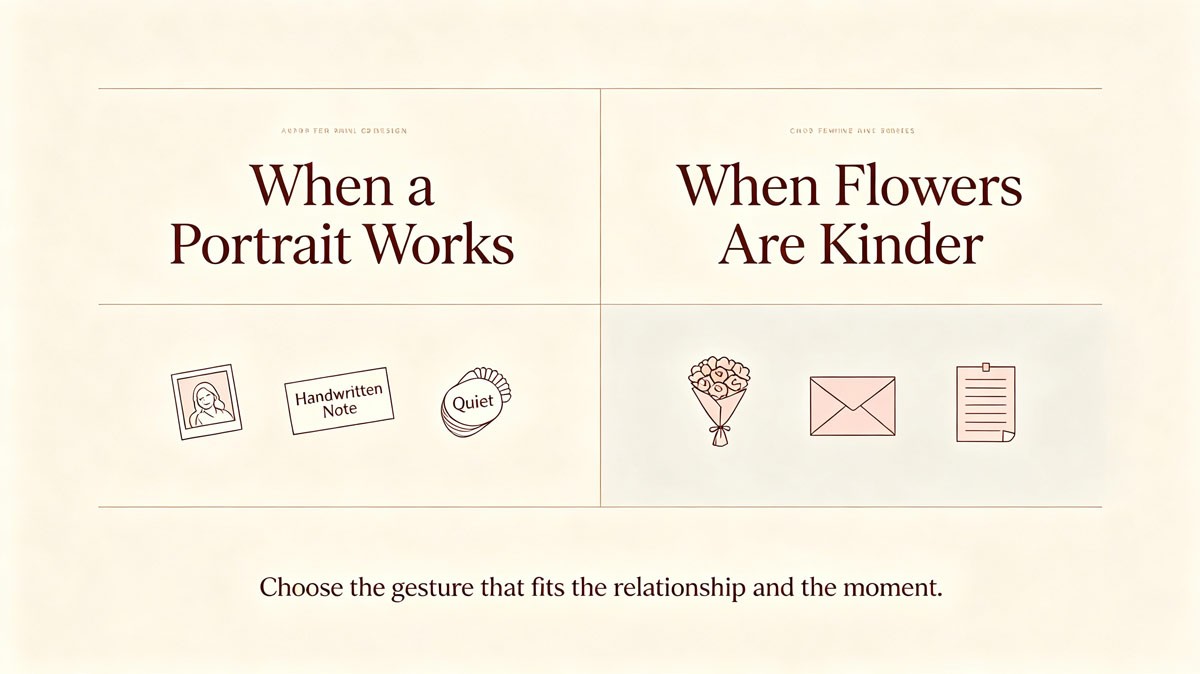 Mother's Day gift decision matrix: when a portrait works and when flowers are kinder, English labels.