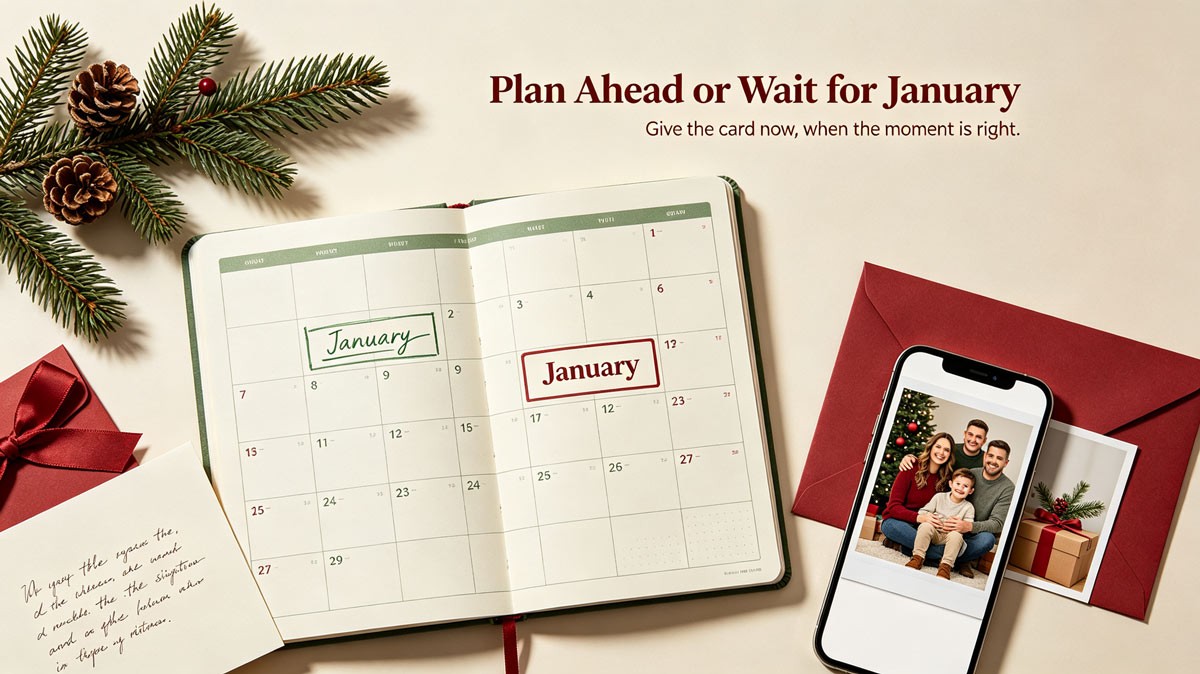 Holiday gift timeline: calendar marking early ordering and a kinder January date, with pine, envelope, card, and family reference photo.