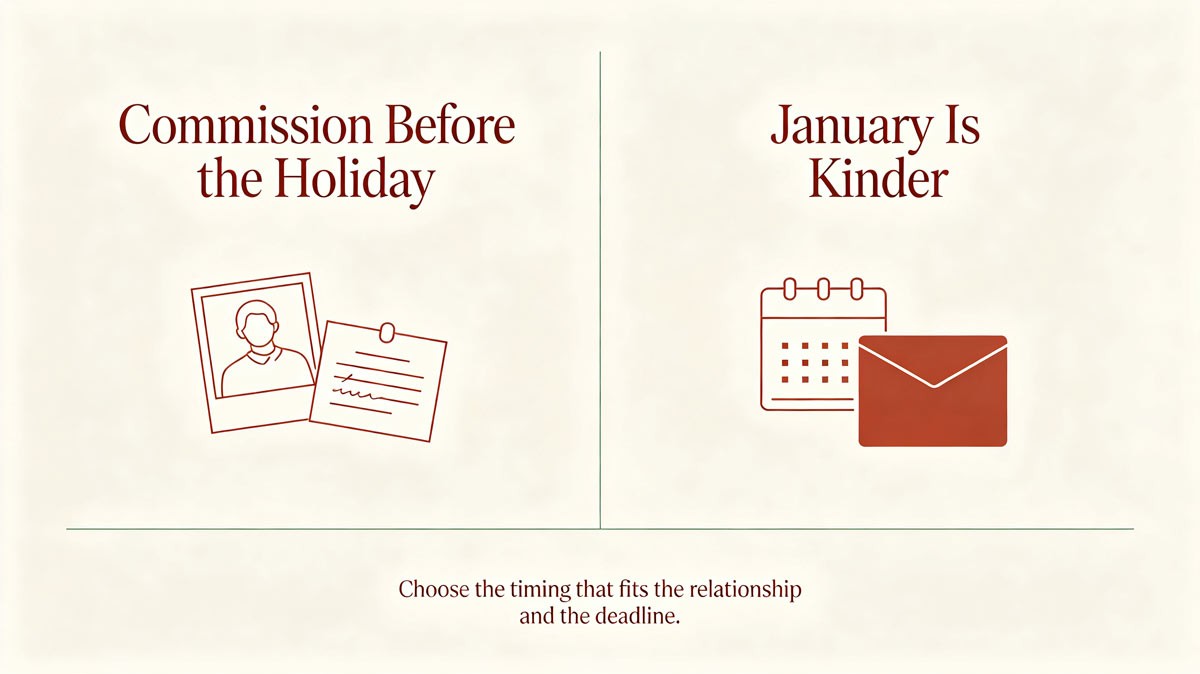 Christmas gift decision matrix: when to commission a portrait before the holiday and when waiting until January is kinder.