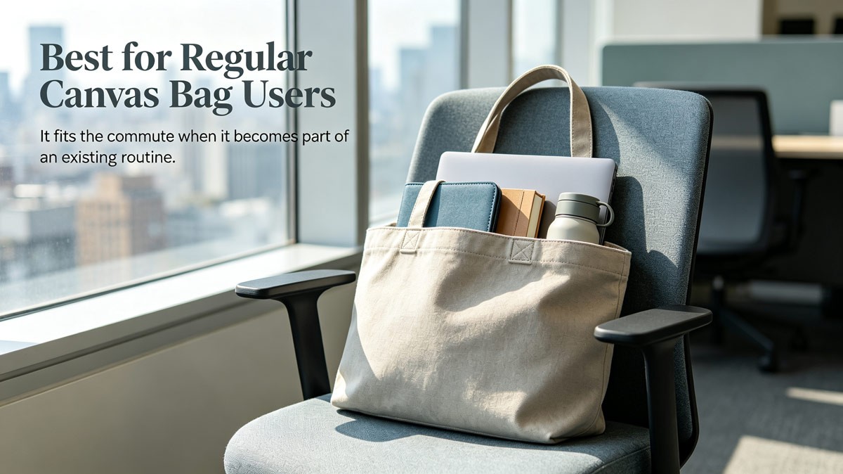 Everyday commute scene: custom printed canvas tote on an office chair, with laptop, bottle and book inside.