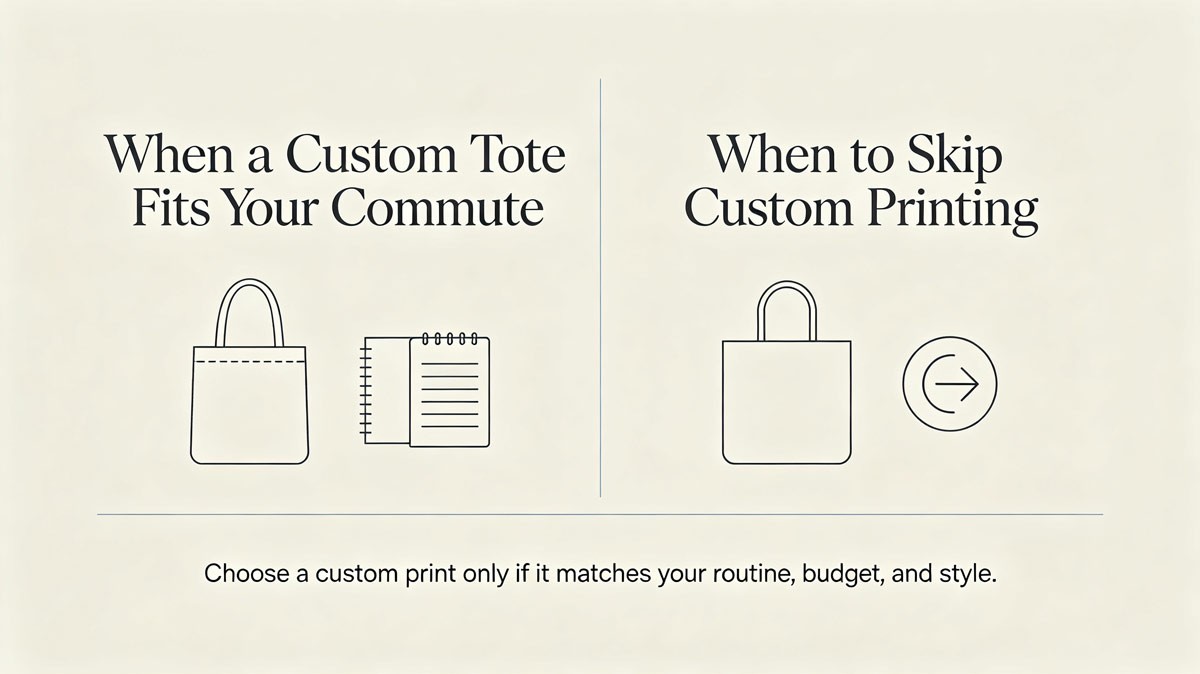 Custom tote decision matrix: when a printed tote works for your commute and when to skip custom printing.