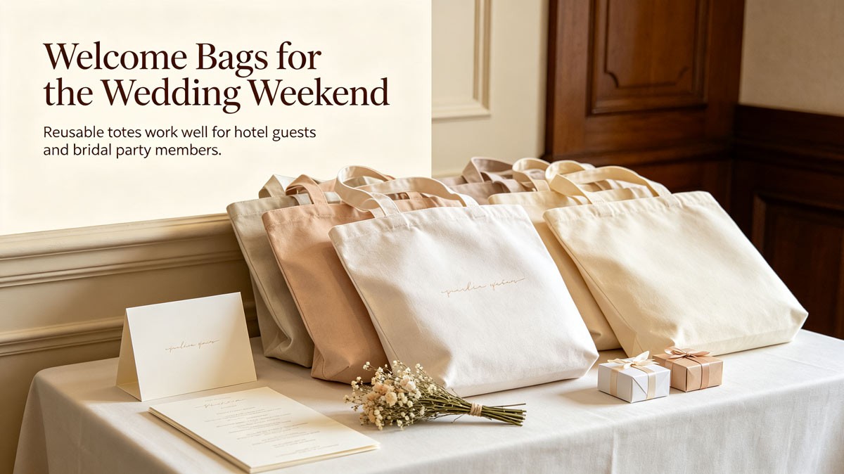 Wedding welcome bag scene: stacked custom printed tote bags for hotel wedding guests, with invitations and small favors nearby.