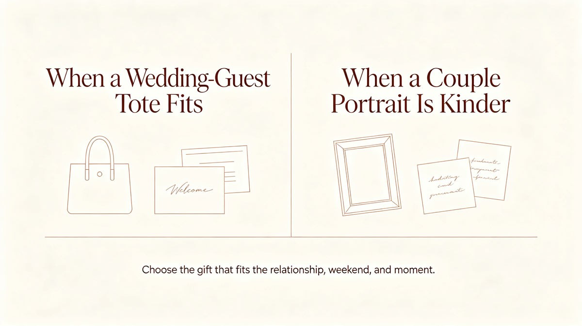 Wedding gift decision matrix: choosing between a custom printed wedding guest tote and a couple portrait.
