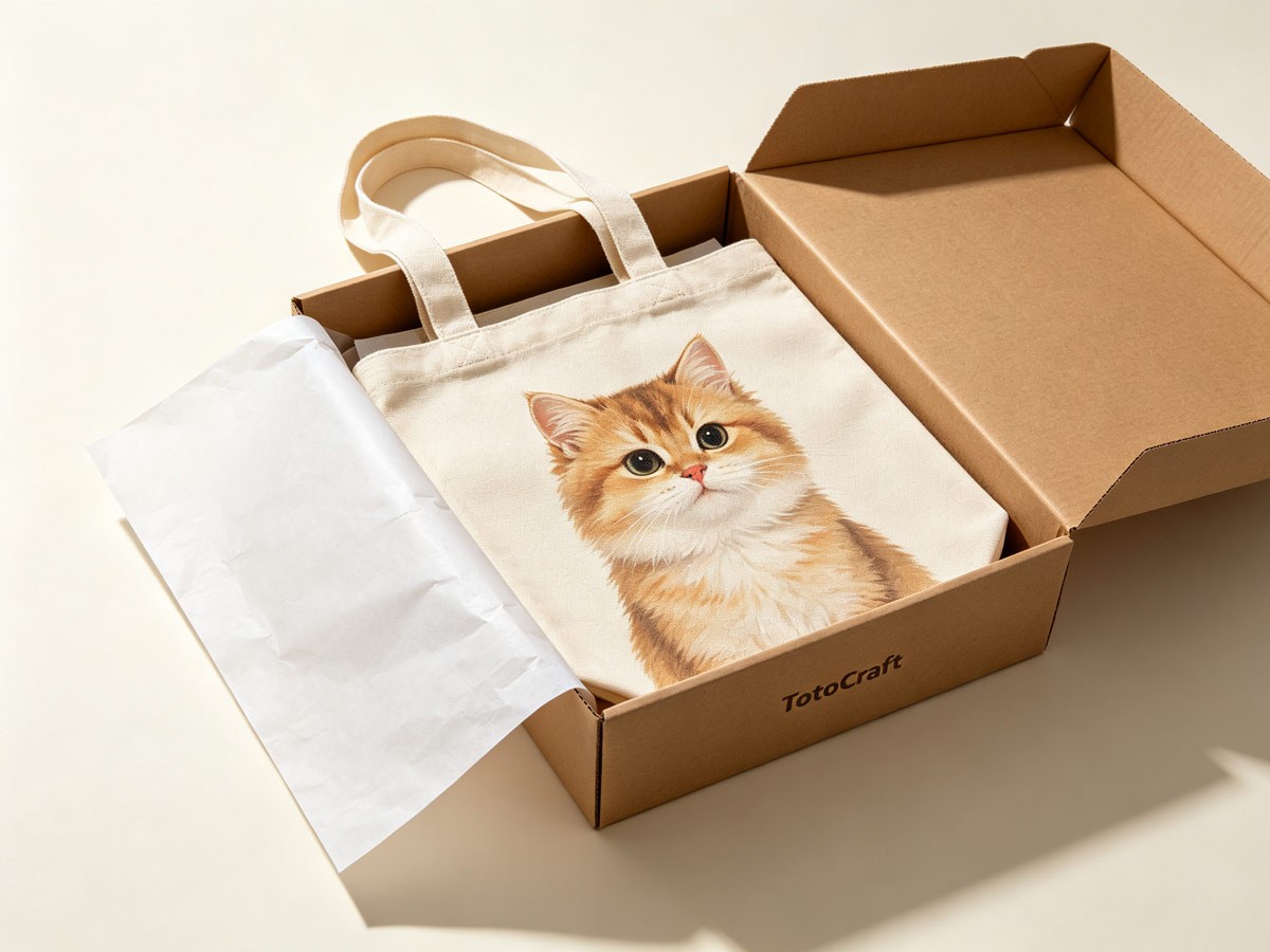 Top‑down illustrative shot: ToteCraft canvas tote with pet‑themed digital print partially pulled out of an open shipping box with tissue paper