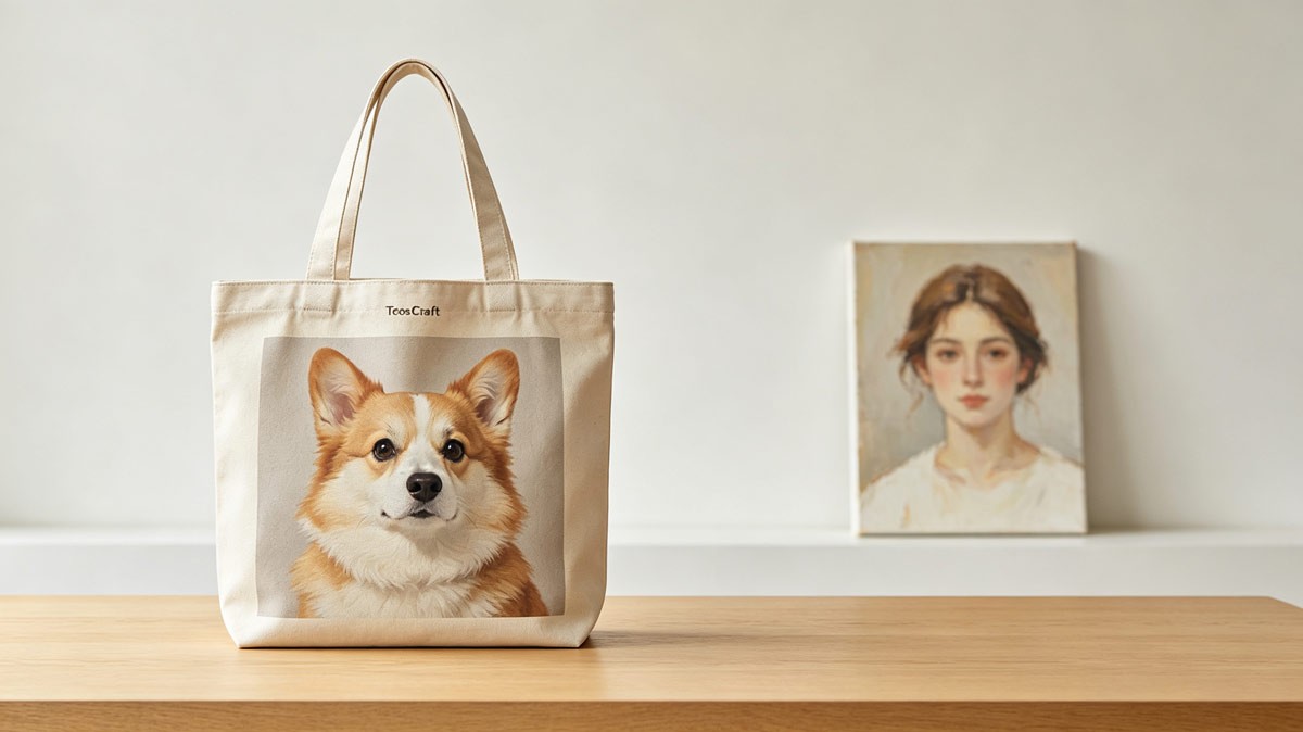 Side‑by‑side illustrative still‑life: ToteCraft everyday print‑on‑demand tote and softly blurred Harmrit hand‑painted portrait canvas, two distinct product lines