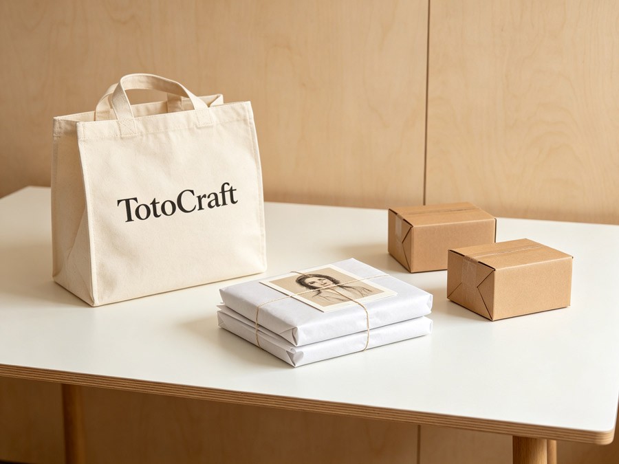 Illustrative still‑life representing mixed‑cart order: ToteCraft tote bag alongside separate packaging elements for a hand‑painted portrait, showing split fulfillment